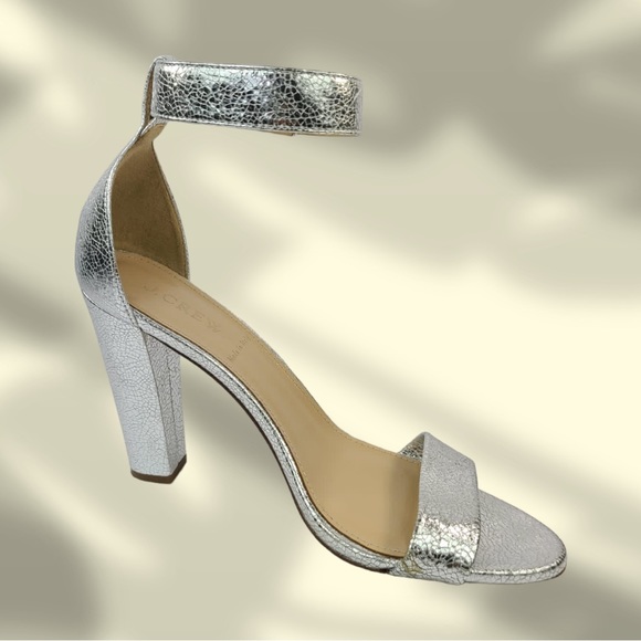 J.Crew Lanie Crackled Silver Metallic Leather Heels w/ Ankle Strap - Picture 3 of 7